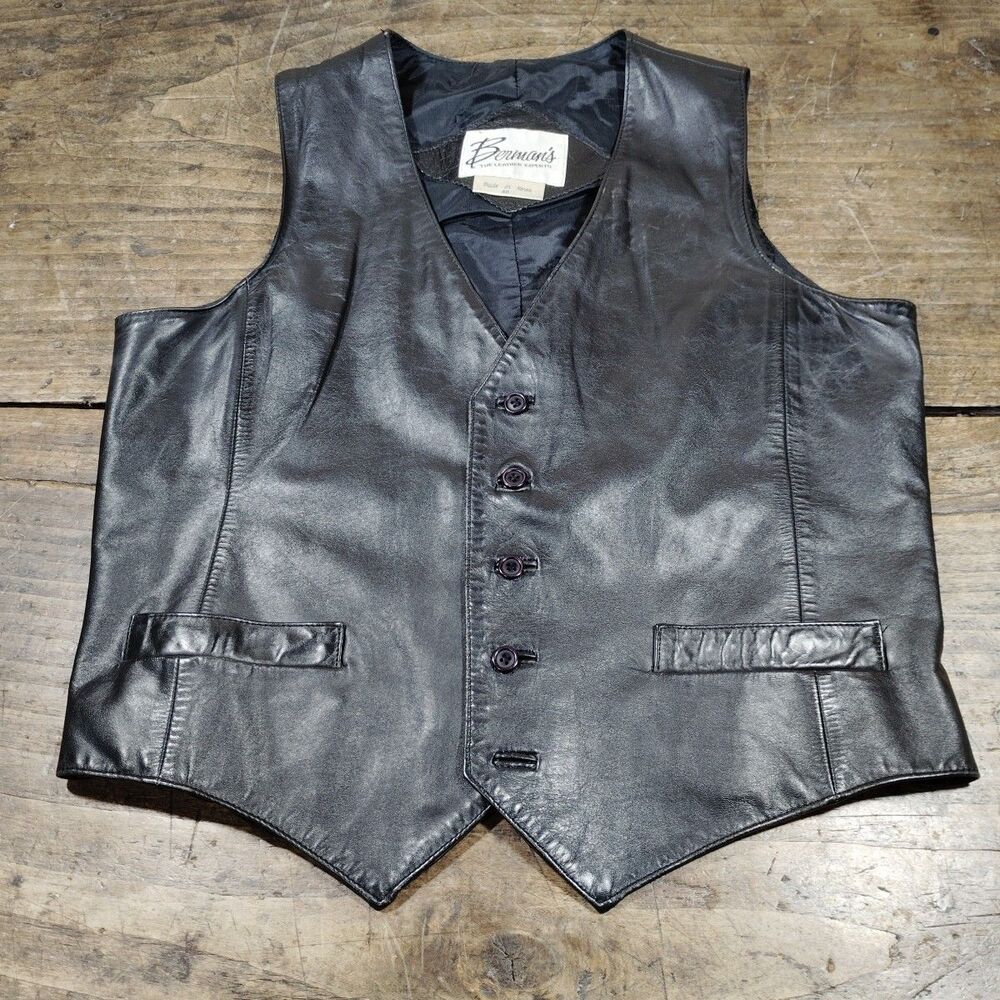 Vintage Berman Leather Mens Vest Sz 40 Black Motorcycle Biker Button